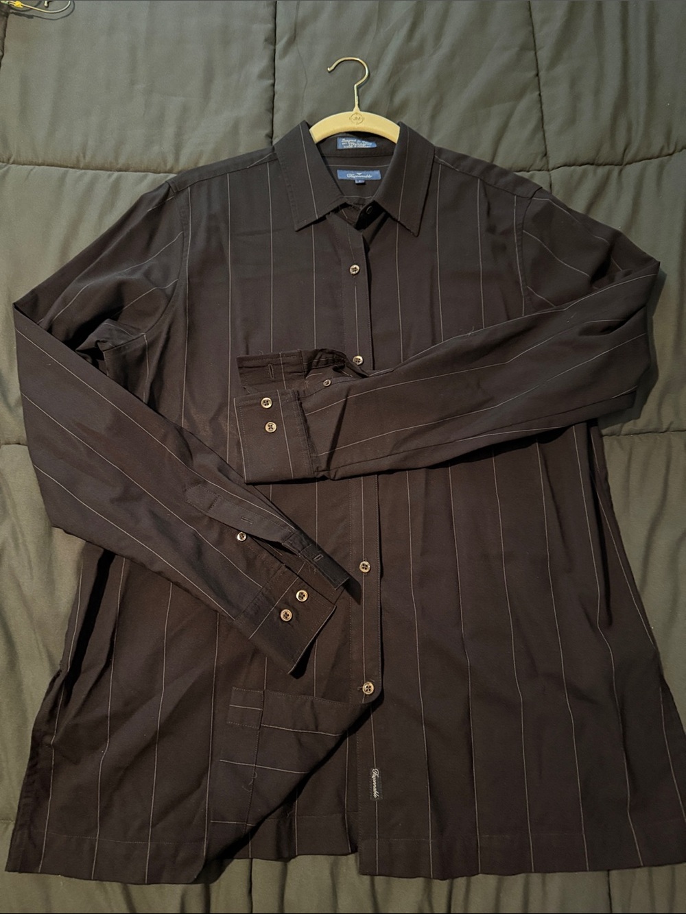 Women’s Long-Sleeve Black Pinstripe Tunic Dress Shirt with side slits